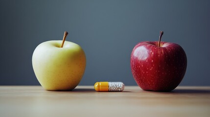 Contrast of Nutrition: Fresh Apple and Medicine Pills Highlighting Food vs Health