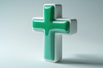 Obraz premium A Green Glossy Cross Is Standing Isolated On A White Surface