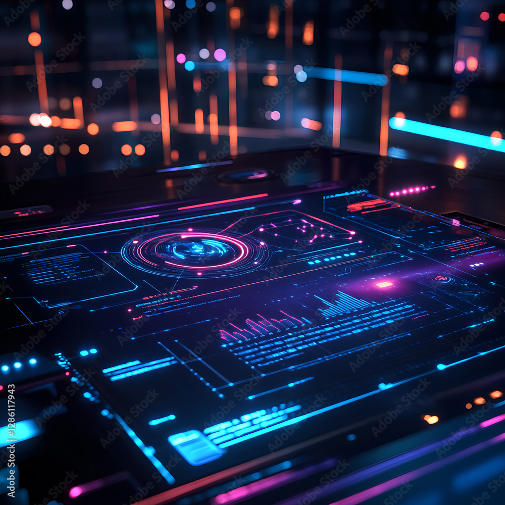 Poster interactive data visualization tech lab digital interface futuristic environment close-up view innov