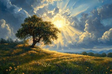 Dramatic Scene of Sunlight Piercing Through Stormy Clouds with Rays Illuminating a Serene Landscape