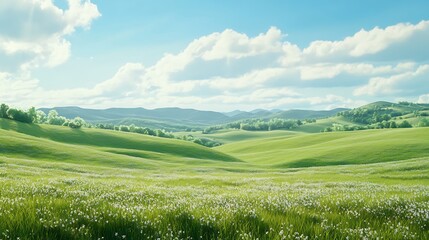Obraz premium Beautiful green hills under blue sky on sunny day high resolution image