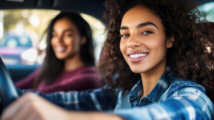 Obraz premium Focused Young Woman Taking Driver Education with Instructor in Car, Closeup Shot Highlighting the Learning Experience