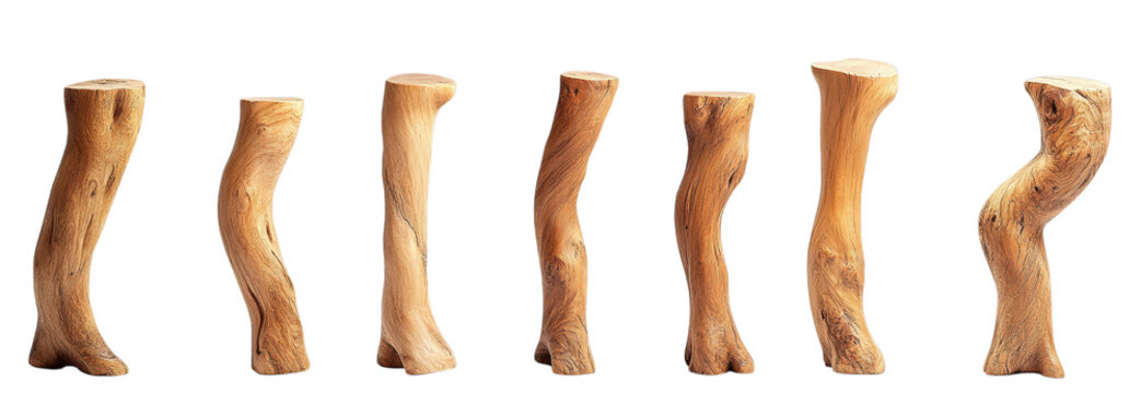 Collection of seven unique carved wooden walking sticks displayed vertically