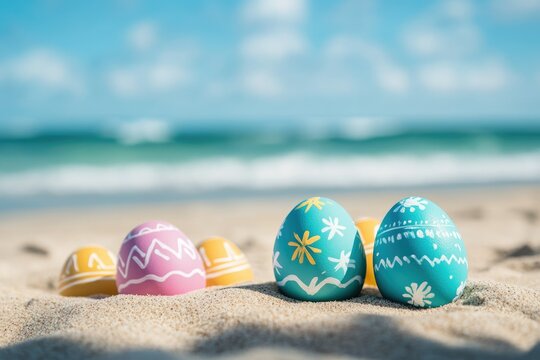 Joyful Easter Celebration at the Beach with Colorful Eggs on Sandy Shore