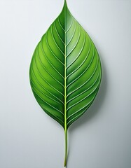 A single green leaf against a simple white background 