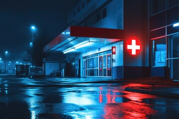 Illuminated Hospital Exterior at Night: Emergency Care and Medical Services Building