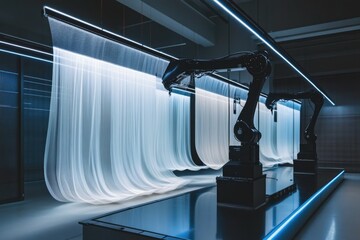 Naklejka premium Sleek Facility Lighting in Modern Textile Industry: Automated Precision with Futuristic Design and Sophisticated Inspection