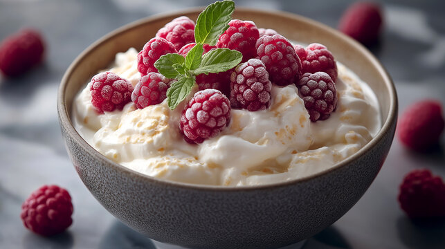 Delicious probiotic rich yogurt topped with fresh raspberries and mint served in a white cup on a marble surface. Probiotic health benefits for healthy breakfast or snack to support gut healthy
