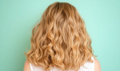 Naklejka premium Long Curly Blonde Hair Back View Against Teal Background
