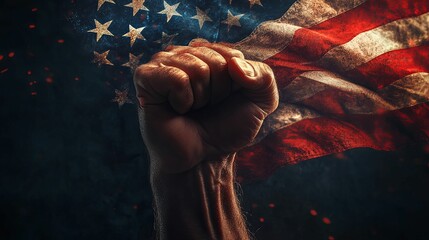 A clenched fist raised high before an American flag
