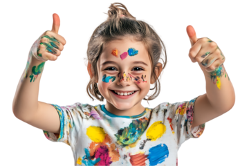 Happy child with paint on face and hands giving thumbs up.