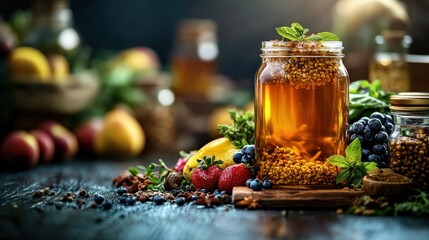 Fototapeta premium Healthy herbal drink in jar, rustic kitchen setting, fresh fruits and spices