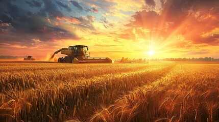 Fototapeta premium a wheat field during harvest. Include several farmers operating modern harvesting equipment like combines. 