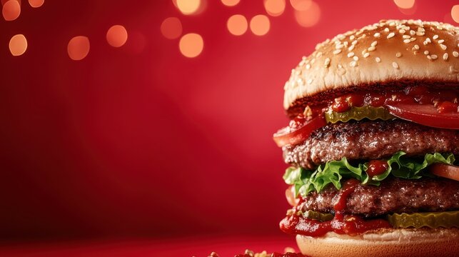 A close-up of a gourmet burger featuring dripping condiments and fresh toppings, capturing the appetizing essence of fast food and the thrill of culinary indulgence.