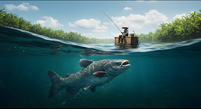 Fisherman On Raft Catching Giant Catfish Under Water Surface