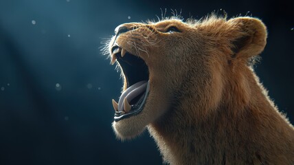 Fototapeta premium A majestic lion with a golden holographic mane, roaring in a black void, radiating energy, ultra-detailed fantasy concept art.