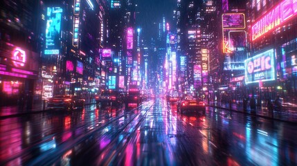 Obraz premium A neon city street with pixel billboards and holograms