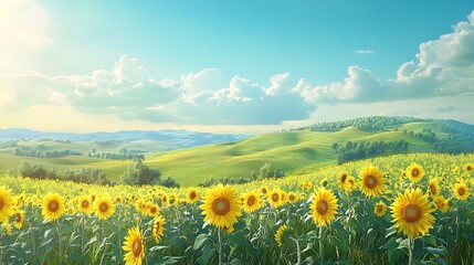 Obraz premium Bright sunflower field in scenic countryside landscape high resolution picture