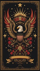 Ornate American Eagle Graphic with Floral Accents and Starburst Design