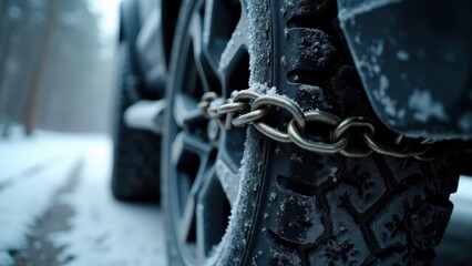 Snow chains, Close-up of snow chains on a rugged tire under artificial garage light hyper-realistic 8K UHD textures