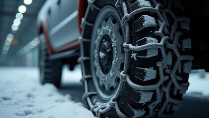 Snow chains, Close-up of snow chains on a rugged tire under artificial garage light hyper-realistic 8K UHD textures