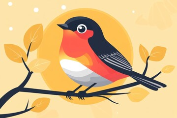 Fototapeta premium Illustration of a small bird perched on a branch with autumn leaves in a soft color palette