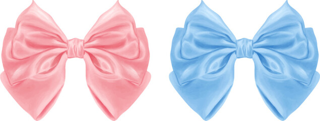 Watercolor pink and blue satin ribbon bow realistic vector illustration.