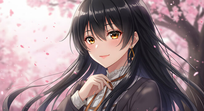 Anime Girl Smiling in Front of Cherry Blossoms Illustration Style