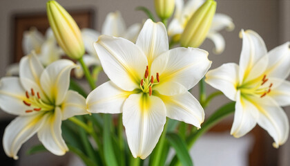 Fototapeta premium White lilies blooming in a soft indoor setting
