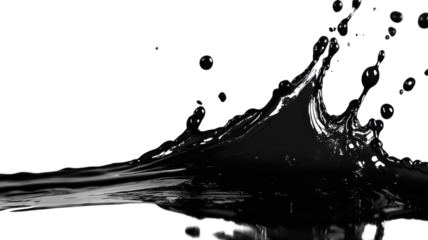 Black liquid splashing against a white background creating dynamic shapes and forms in an artistic display of movement