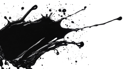 Black liquid splashes against a white background, creating an artistic effect with dynamic movement and energy