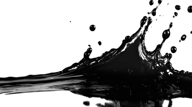 Black liquid splashing against a white background creating dynamic shapes and forms in an artistic display of movement