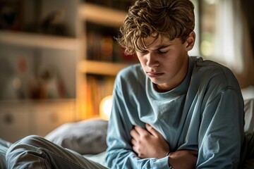 Fototapeta premium Young Man Experiencing Abdominal Pain in Home Setting
