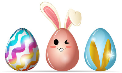 Cute Bunny Ears Easter Eggs Collection Isolated. Festive Decorated and Painted Eggs Illustration