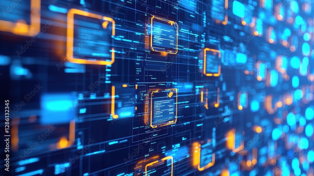 Poster abstract network grid with files and folders, futuristic software interface, digital document manage