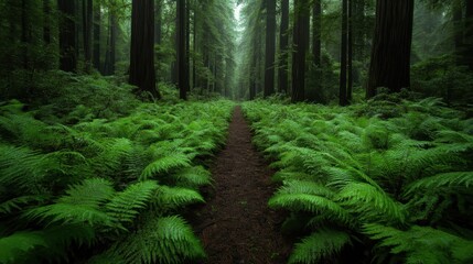 A mesmerizing image of a dirt pathway meandering through a lush green forest filled with ferns, inviting the viewer to explore and embrace nature's tranquility.