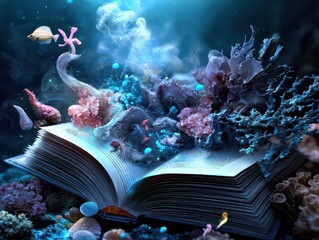 A magical book opening to release glowing, animated characters, fairytale style, warm and whimsical, detailed digital painting, dreamlike imagination.