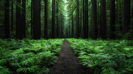 Obraz premium A serene forest pathway surrounded by towering trees and lush ferns evoking a sense of peace and tranquility in nature's vibrant greenery.
