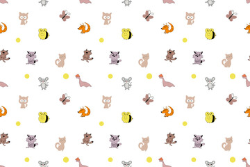 A pattern with funny forest animals, foxes, raccoons, owls, cats, mice, bees and butterflies, on a light background. The illustrations are in a minimalistic cartoon style with soft pastel colors. 