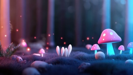 An ethereal forest with glowing mushrooms and bioluminescent plants, fantasy style, vibrant colors, watercolor technique, magical atmosphere.