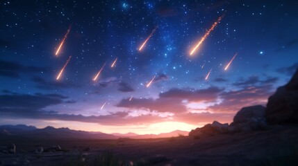 Naklejka premium Meteor Shower over Desert Landscape at Sunrise