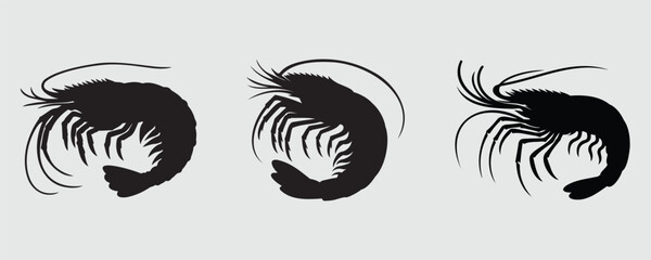 Set of three shrimp silhouettes in different poses, featuring detailed antennae and legs. A simple vector illustration ideal for seafood, marine life, fishing, and culinary designs