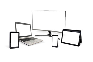 Multiple media electronic devices with white screens isolated on white background, blank backdrop for it marketing solutions