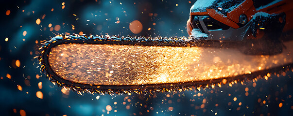 Closeup of a chainsaw cutting through wood, sparks flying.  Dynamic action shot showcasing power, energy, and the raw intensity of natures transformation.
