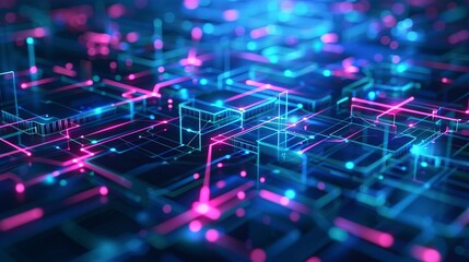 Obraz premium Futuristic Tech Background with Glowing Neon Lights and Digital Grid, Cyberpunk Style, High-Tech Vibe, Perfect for WeChat Articles