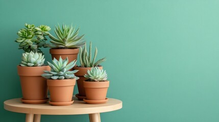 Arrangement of Potted Succulents on a Table Against a Green Wall