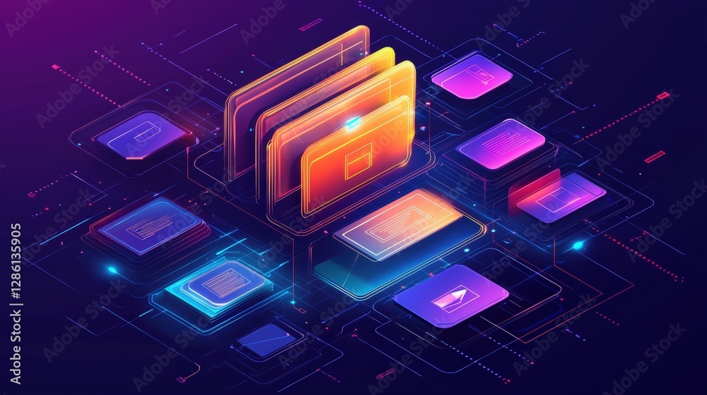 Poster abstract network grid with files and folders, futuristic software interface, digital document manage
