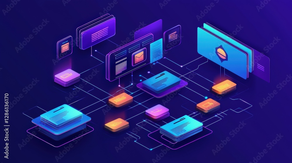 Poster abstract network grid with files and folders, futuristic software interface, digital document manage