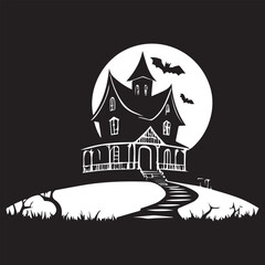 A black and white hunted halloween house silhouette design - scary house icon design