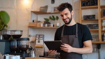 Fototapeta premium Smiling barista using tablet in cafe.